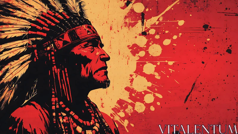Tribal elder profile emerges from bold red paint burst.