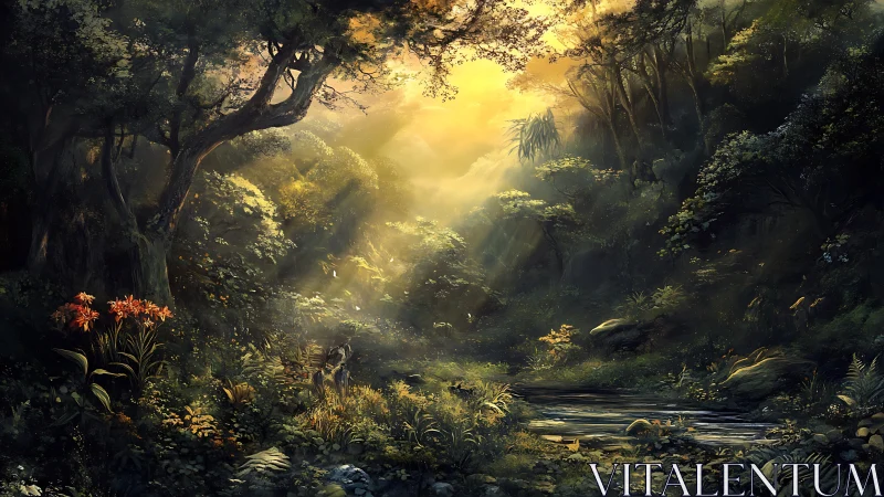 Mystical Forest Pathway Bathed in Golden Sunlight.
