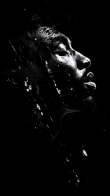 Monochrome male profile emerging from fragmented darkness