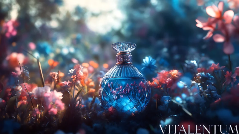 Enchanted blue perfume bottle rests in a glowing flower meadow