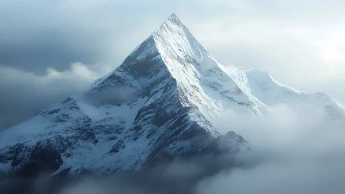 Snow covered mountain peak emerging through low clouds.