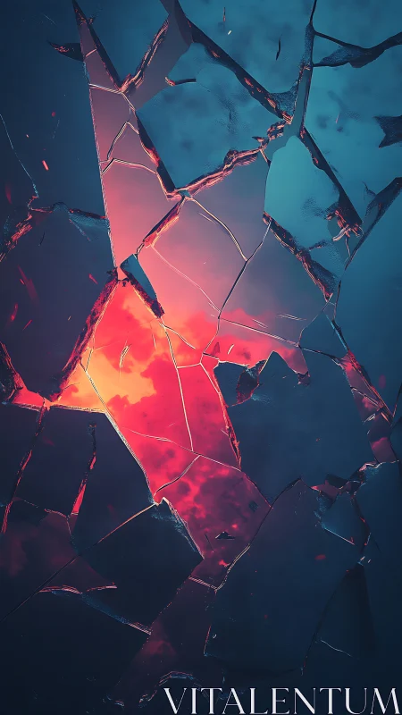 Fractured glass shards reveal neon magma glow beneath surface