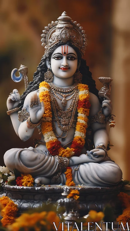 Peaceful deity statue adorned with marigold flower garlands.
