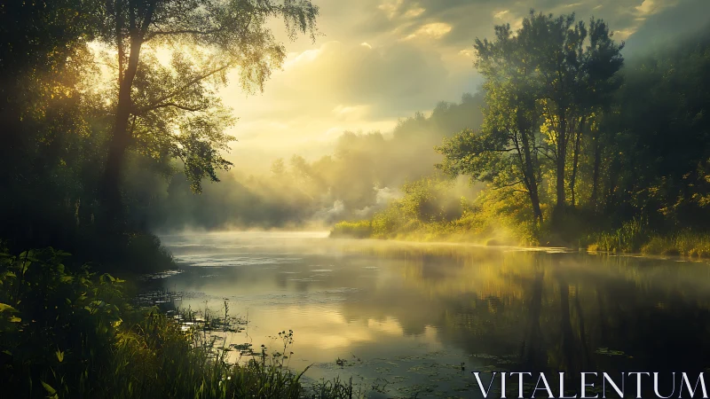 Sunlit forest river shimmers under soft golden morning mist.
