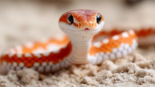 Orange sand snake coils over dunes in soft daylight.