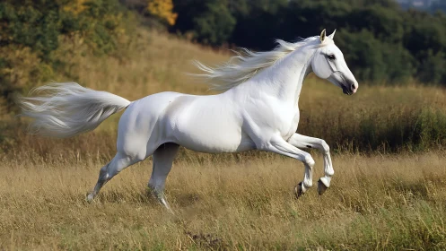 Side-profile gallop of white horse across sunlit autumn meadow