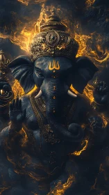 Divine Ganesha idol rises amid swirling golden flames.