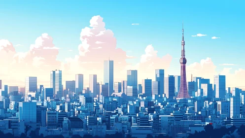 Sunlit anime metropolis skyline with broadcast tower silhouette.