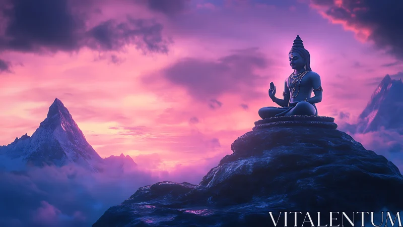 Mountain-top deity statue under saturated magenta twilight sky