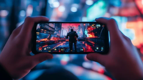 Mobile gamer explores neon cyber city under vivid lights.