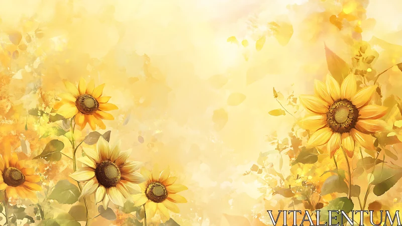 Sunlit sunflower illustration with soft golden bokeh field.