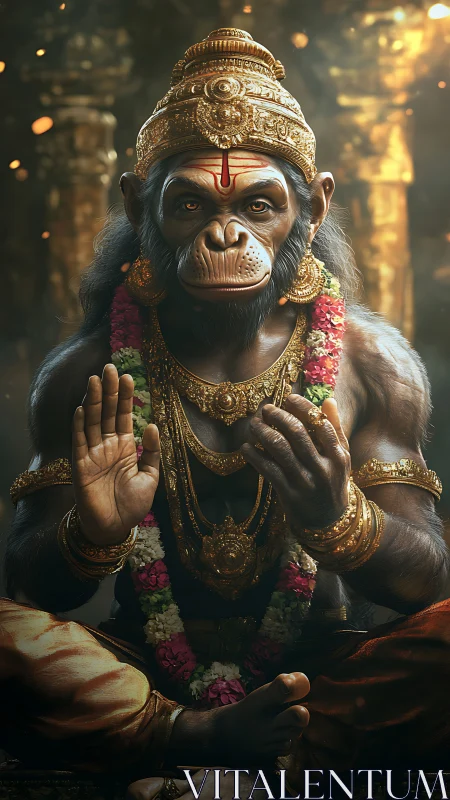 Divine simian deity in ornate golden temple regalia.