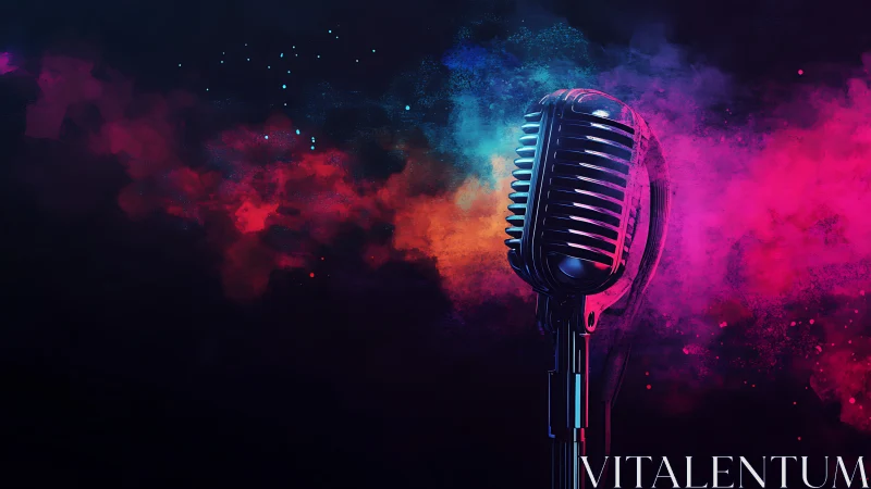 Vintage microphone amid neon smoke and cosmic colors.