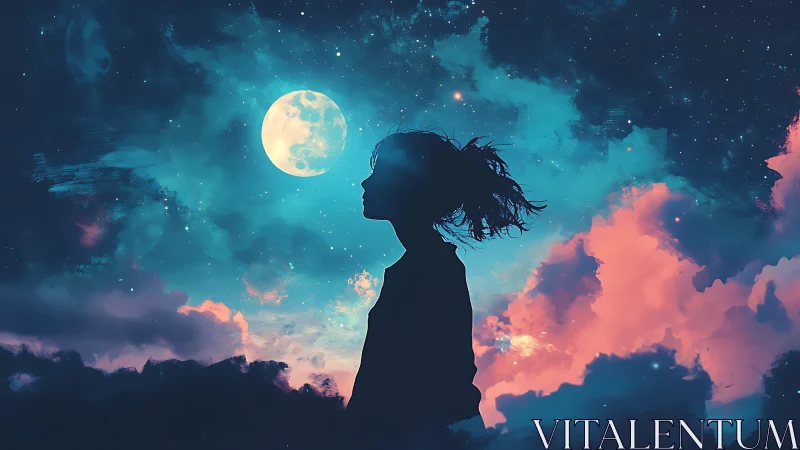Silhouetted figure stands before moonlit, color rich sky