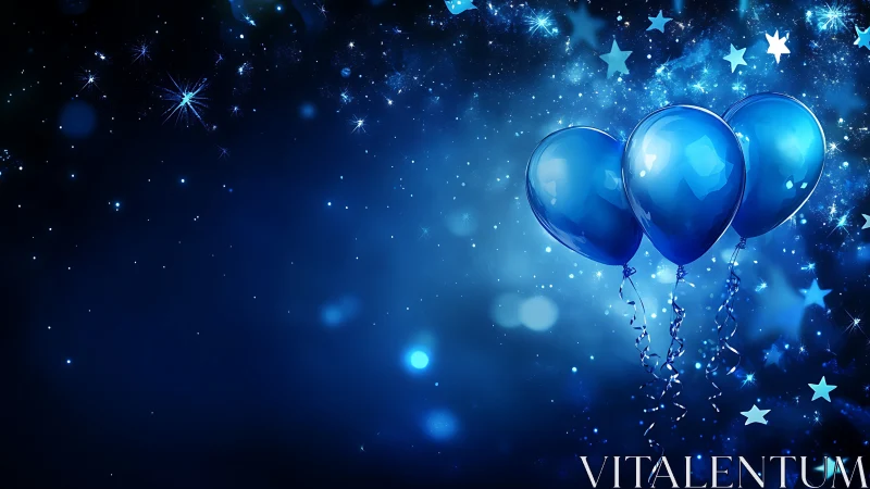 Blue Balloons with Stars and Sparkles on Dark Background