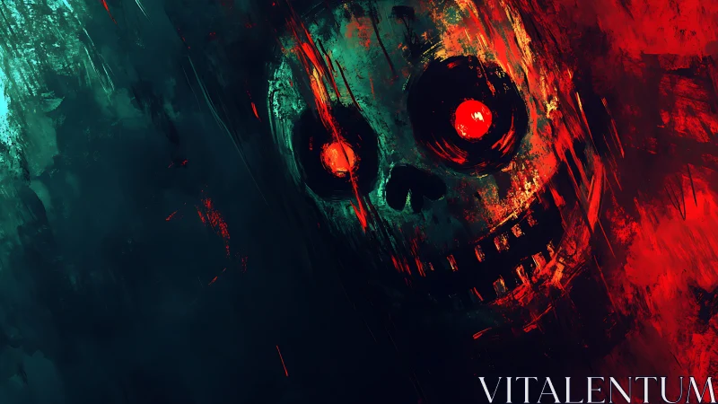 Skull-like face emerges from abstract teal and red field