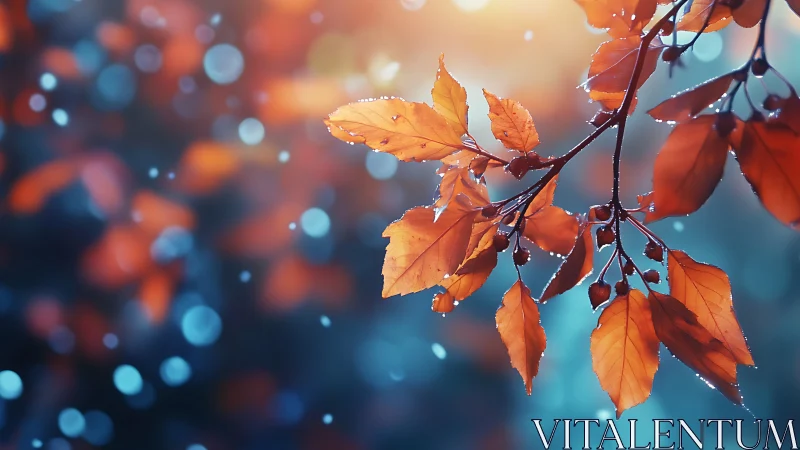 Digital painting of autumn branch with luminous bokeh background.