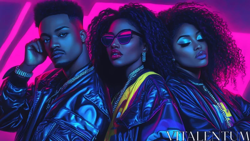 Neon-lit trio in reflective jackets under magenta-blue glow.