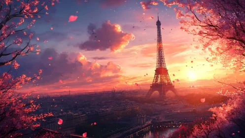 Eiffel Tower skyline framed by blossoms at sunset.