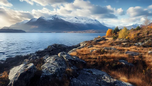 Snow-capped mountains rise above a golden autumn lakeshore