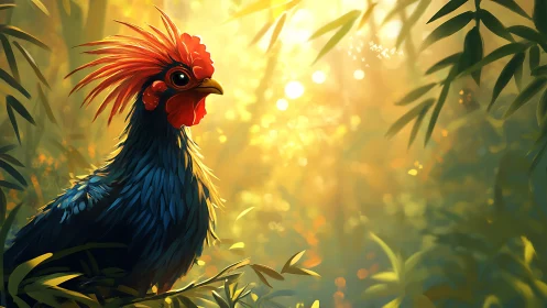 Ornate Rooster with Crimson Crest in Golden Sunlit Garden.