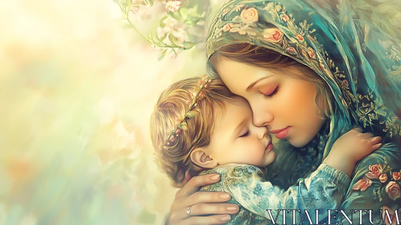 Tender mother and child share a peaceful floral embrace