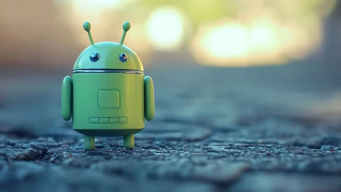 Green toy robot on textured ground in soft evening light.