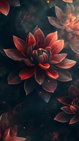 Crimson lotus blooms glow softly against a deep cosmic dusk