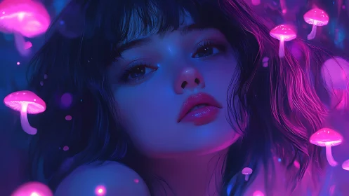 Neon-lit portrait with glowing pink bioluminescent mushrooms.