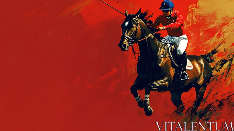 Polo rider on galloping horse against bold red field.