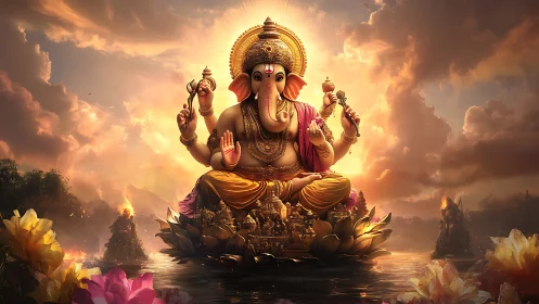 Radiant Lord Ganesha sits serenely above glowing waters