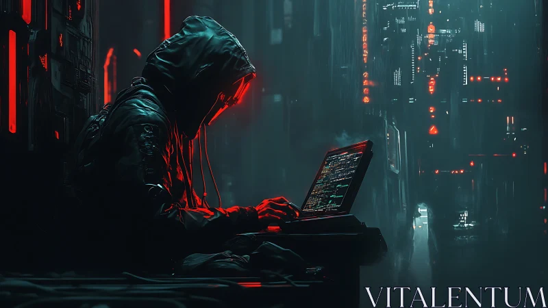 Hooded cybernetic operator coding in neon-soaked megacity alley.