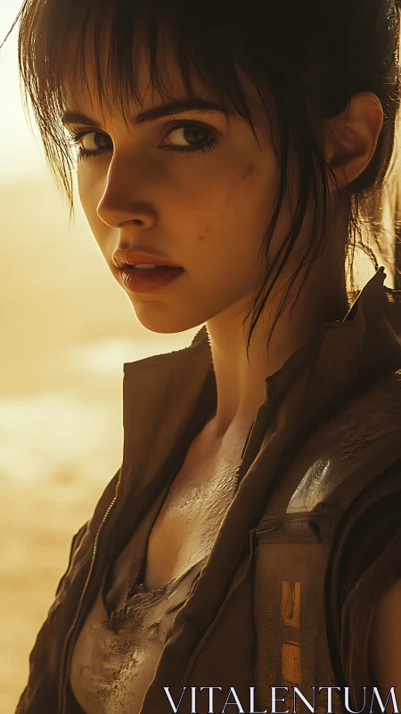 Dusty warrior gazes ahead in sunlit post‑apocalyptic calm