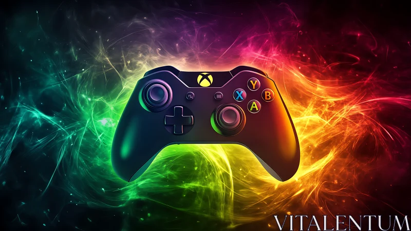 Xbox-style game controller glows amid swirling neon energy.