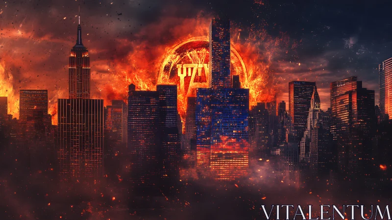 Burning futuristic city skyline under fiery apocalyptic sky.