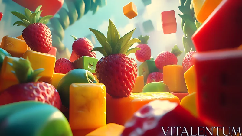 Sunlit 3D strawberries float among vivid candy blocks