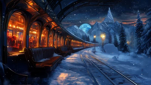 Midnight mountain train glows against snowy lunar valley.