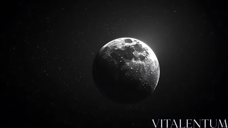 Lunar surface is illuminated in partial view against star field