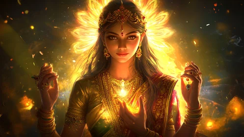 Radiant goddess figure crowned by blazing golden light halo