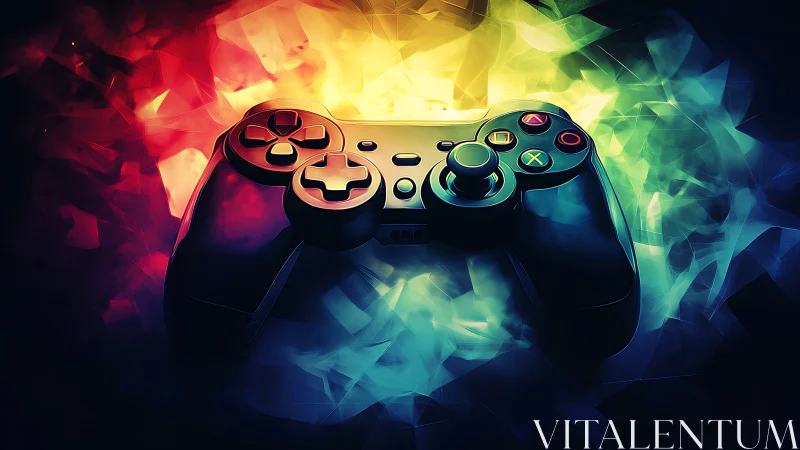 Neon game controller glows amid vibrant abstract energy