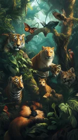 Multiple wild cats and birds in dense jungle canopy
