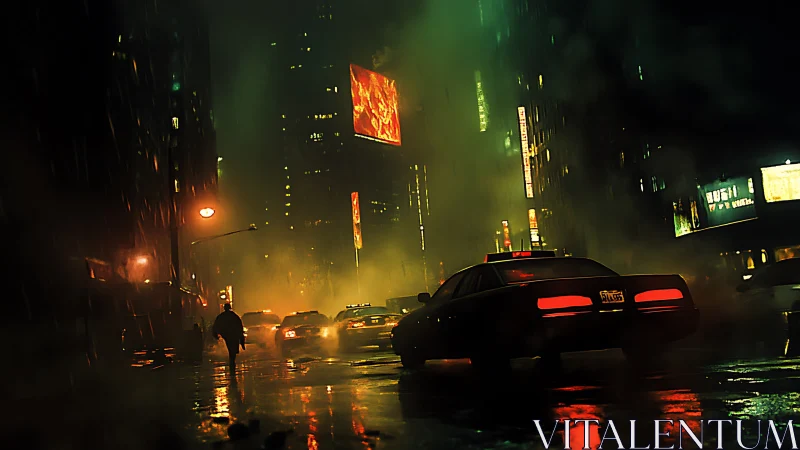 Midnight taxis drifting through neon rain and rising mist.