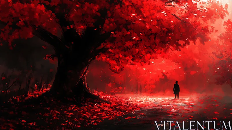 Solitary figure stands beneath dense red foliage canopy