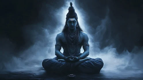 Midnight yogi of stormlit silence in sacred blue stillness.