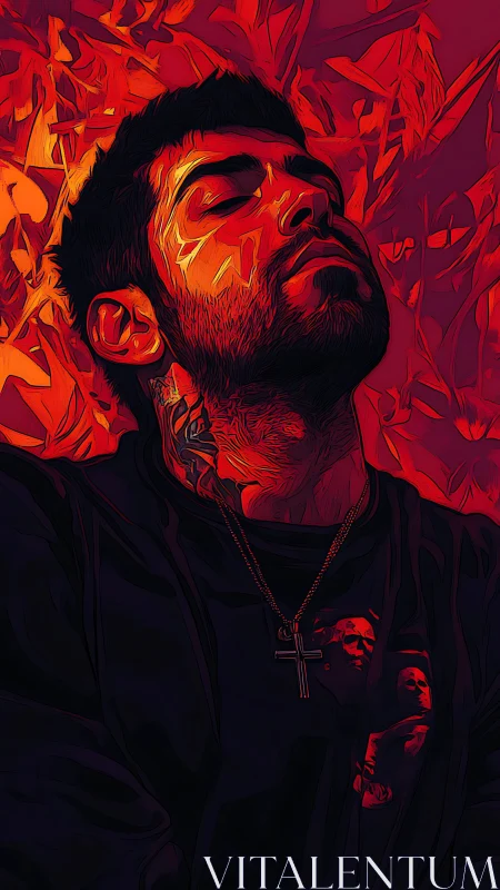 Quiet blaze of introspection in crimson dreamlight portrait.