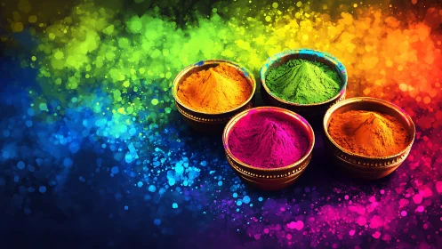Holi color powders glow over bokeh rainbow background.