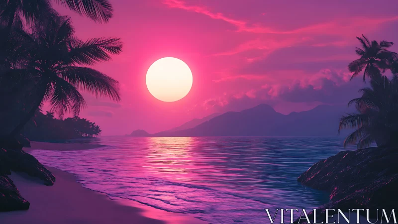 Dreamy pink tropical sunset over a calm island shore.