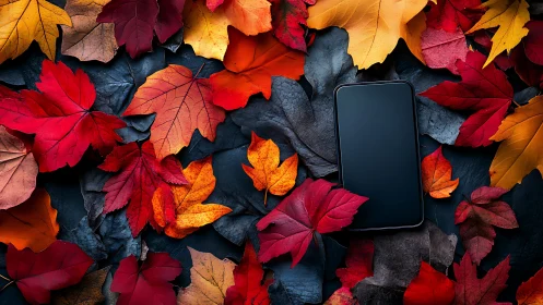 Smartphone on slate among vivid autumn maple foliage