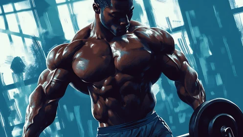 Muscular bodybuilder lifts dumbbell under cool studio light