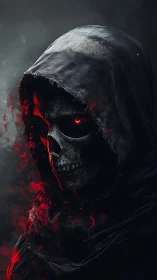 Grim reaper skull in hood with red infernal smoke present.